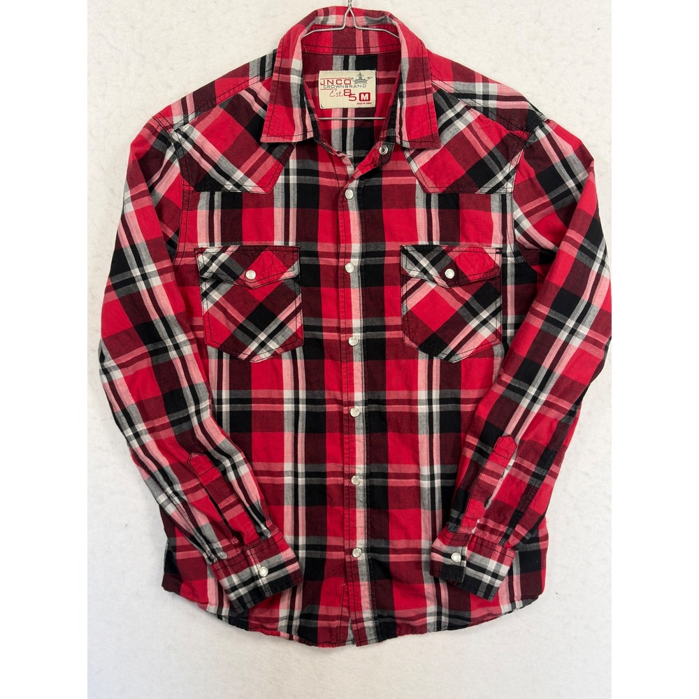 JNCO Crown Brand Mens Red Black Plaid Western Snap Button Shirt Size Medium